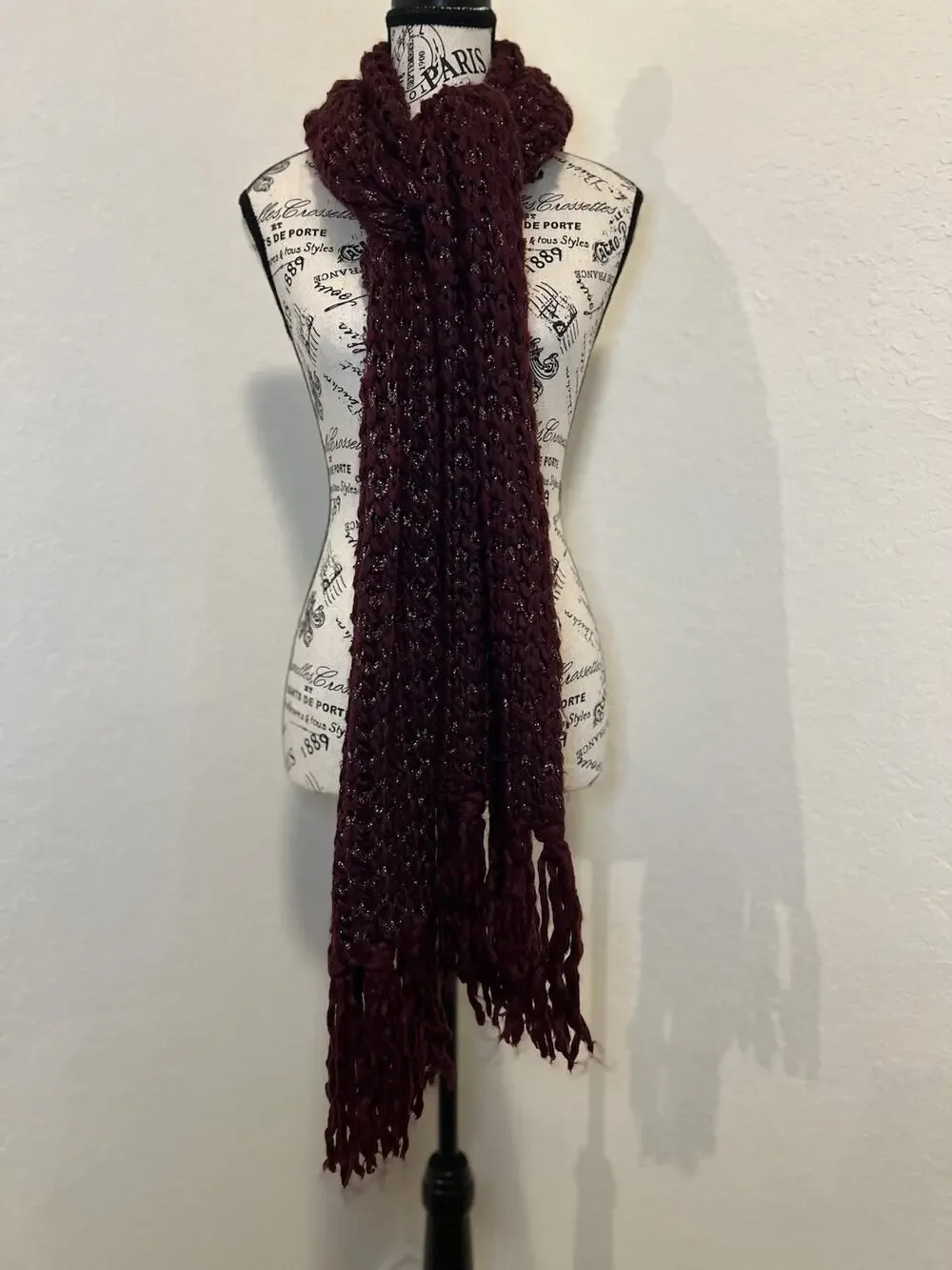 INC International Concepts Burgundy Knit Scarf Fringe Casual Office Fall Autumn